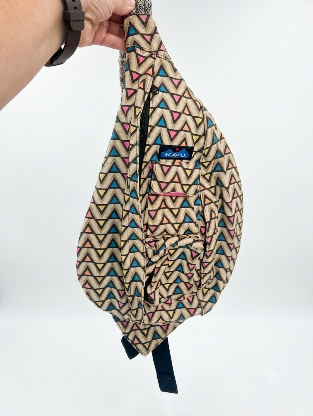Kavu Beige Geo Triangle Crossbody Sling with Pink & Blue Accents